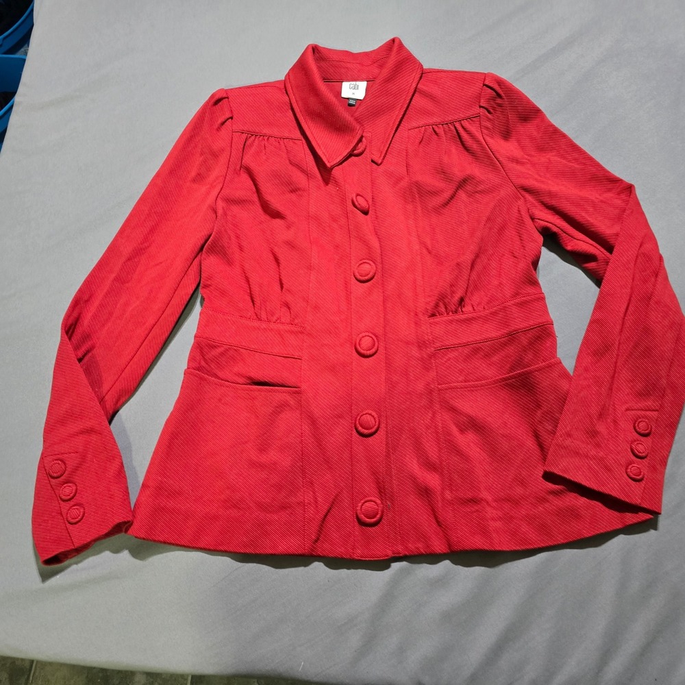 Cabi Jacket Women Medium Red Ribbed Knit Peplum Button Up Blazer 3906